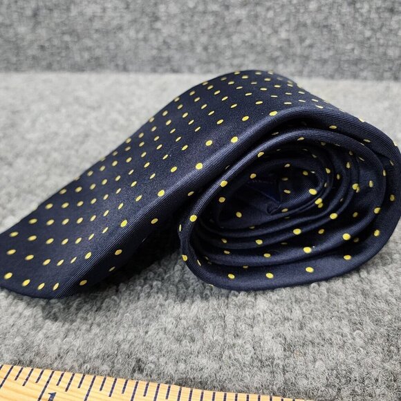 Jermyn Street London Men’s 100% Silk Necktie Yellow Polka Dot Navy Blue - Picture 4 of 8